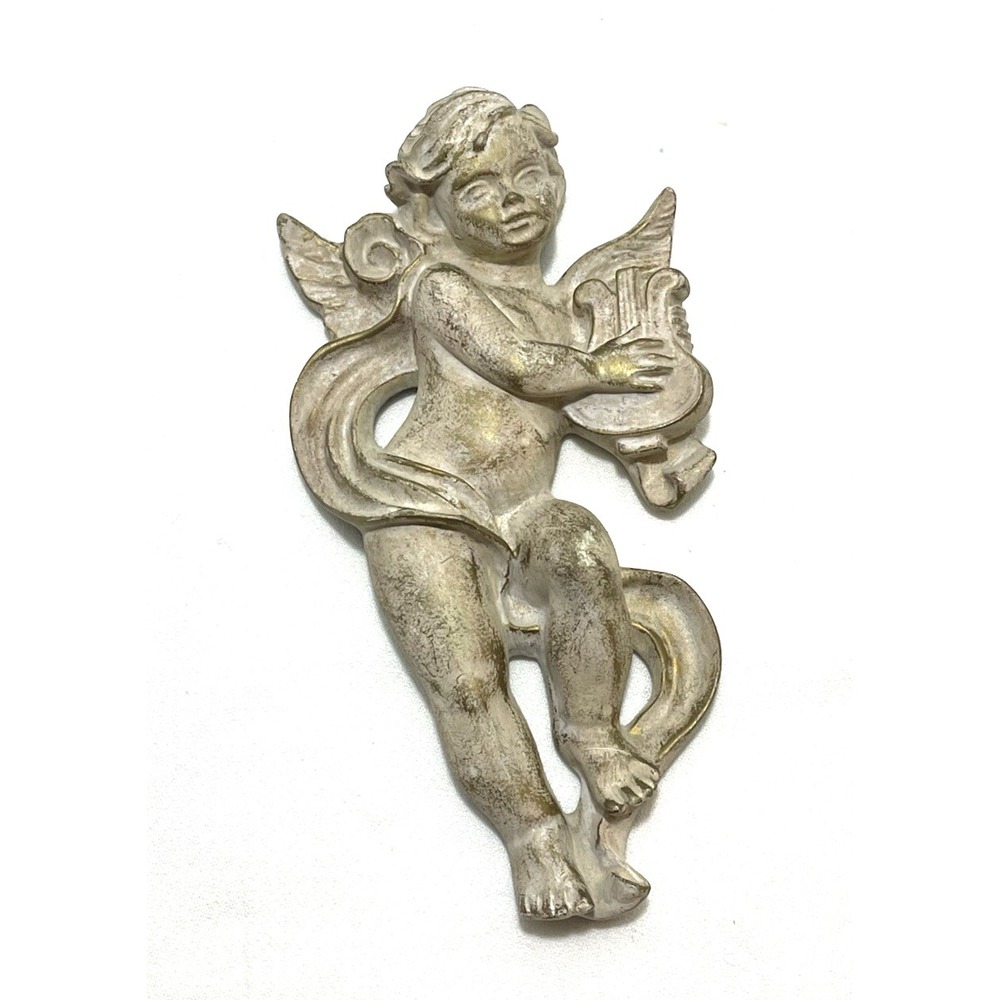 Cherub Angel Musical‎ Instrument Wall Plaque Hanging Antique Gold Resin 8.5" L